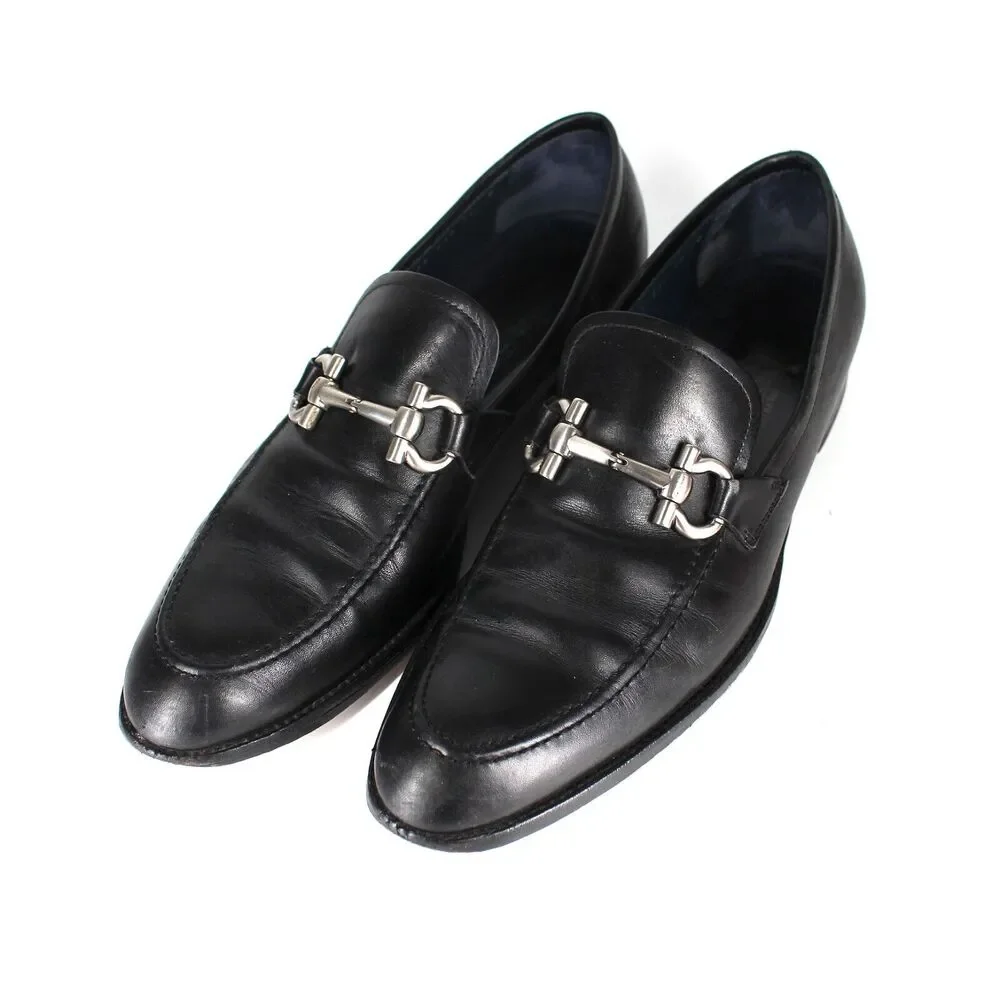 Salvatore Ferragamo Black Leather Silver Gancini Bit Moccasin Loafers 10 D Shoes